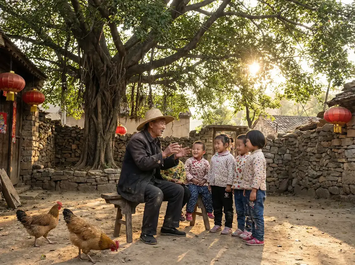 老人在大榕树下给孩子们讲故事 - 宝贝看镜子我是怎么C你的 乡村记忆